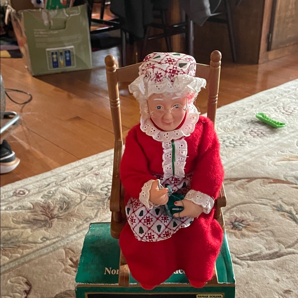 Vintage Mrs Santa Claus Figurine in Red Outfit in rocker knitting- sings